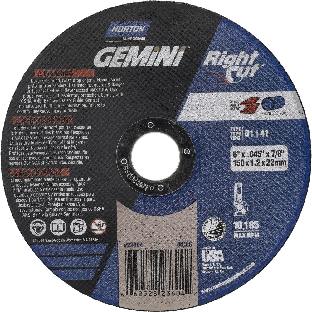 Cutoff Wheel: Type 1 (01/41), 6" Dia, 0.0450" Thick, 7/8" Hole, Aluminum Oxide - 10185 Max RPM, Reinforced