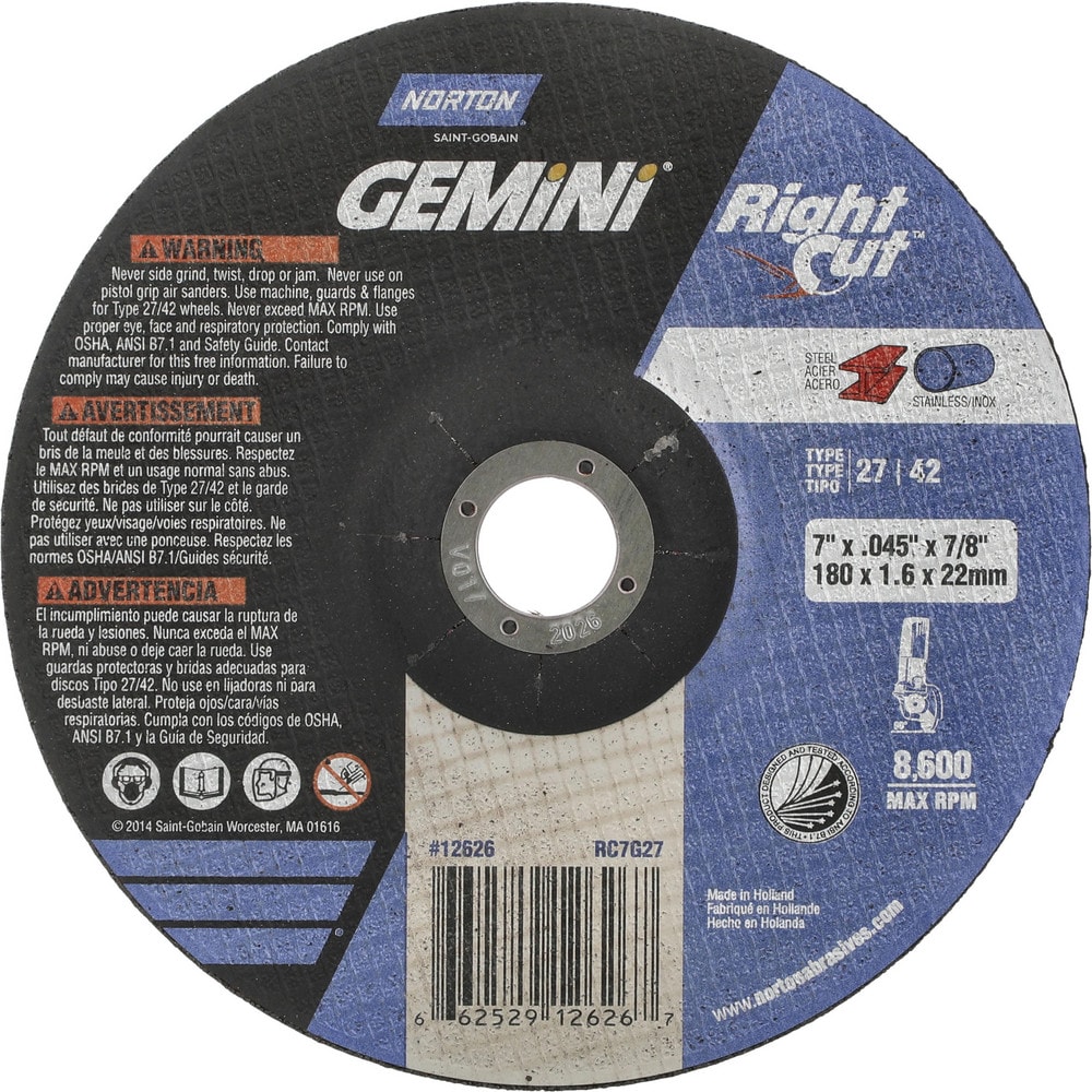 Depressed Center Wheel: Type 27, 7" Dia, Aluminum Oxide