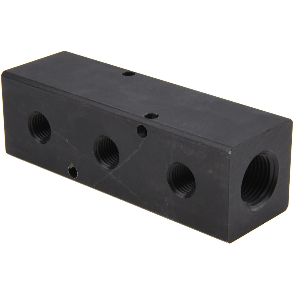 Made in USA | Value Collection Manifold: 1/2" Inlet, 3/8" Outlet, 2 Inlet Ports, 3 Outlet Ports, 4.75" OAL, 1.5" OAW, 1-1/2" OAH - Aluminum Body
