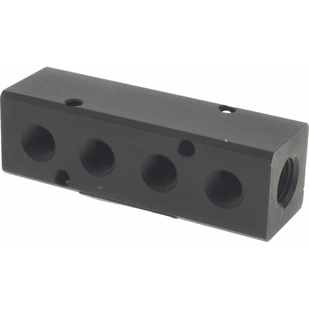 Manifold: 1/2" Inlet, 1/4" Outlet, 2 Inlet Ports, 7 Outlet Ports, 10.75" OAL, 1.5" OAW, 1-1/2" OAH