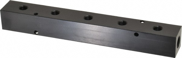 Made in USA PCM10-125-05BW Manifold: 1/4" Inlet, 1/8" Outlet, 2 Inlet Ports, 5 Outlet Ports, 7.5" OAL, 1" OAW, 1" OAH Image