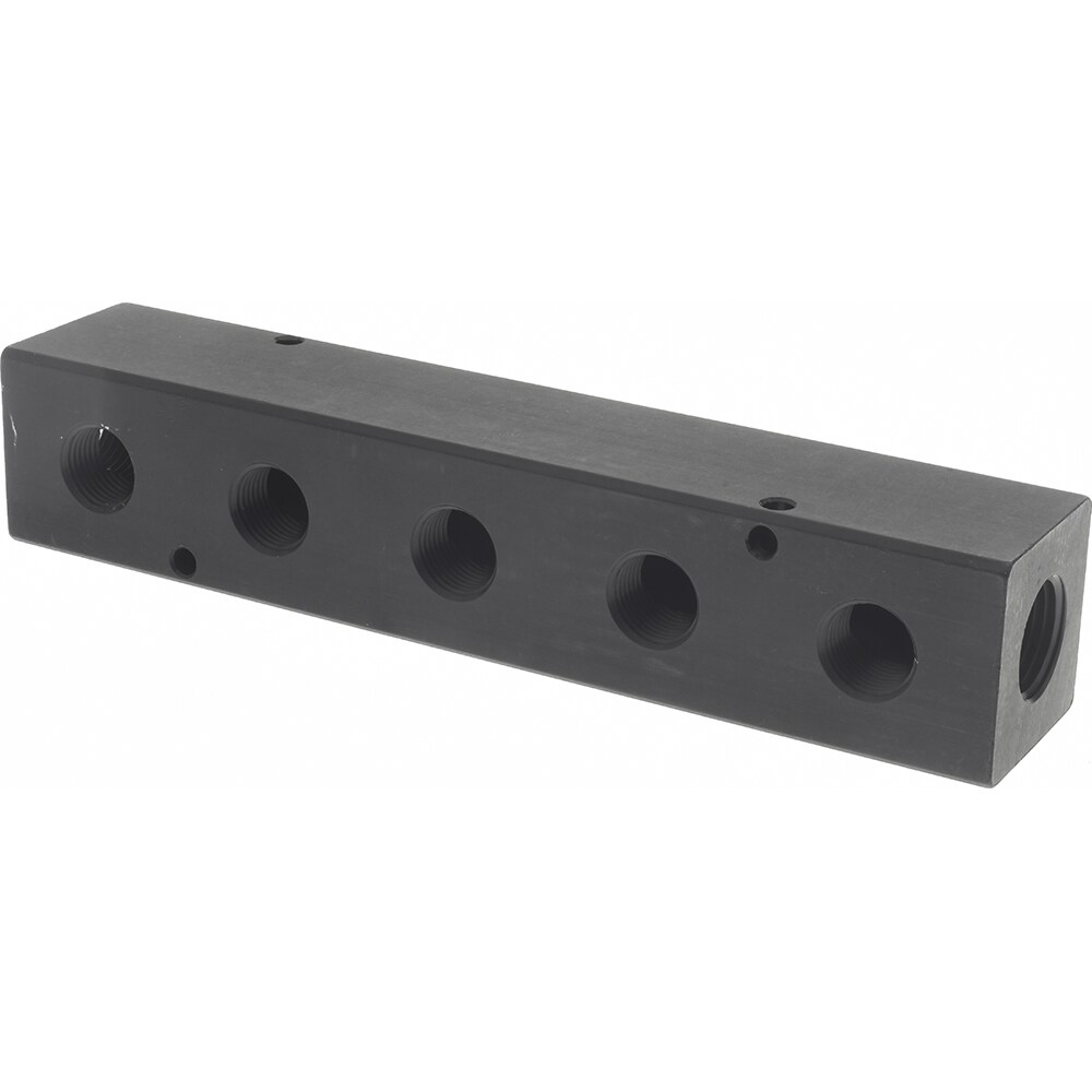 Manifold: 1/2" Inlet, 3/8" Outlet, 2 Inlet Ports, 5 Outlet Ports, 7.75" OAL, 1.5" OAW, 1-1/2" OAH