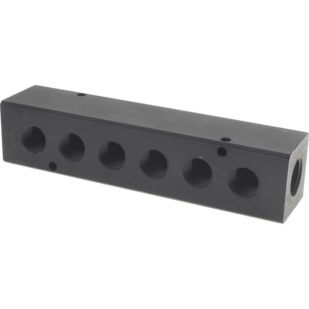 Manifold: 1/2" Inlet, 3/8" Outlet, 2 Inlet Ports, 6 Outlet Ports, 6.75" OAL, 1.5" OAW, 1-1/2" OAH