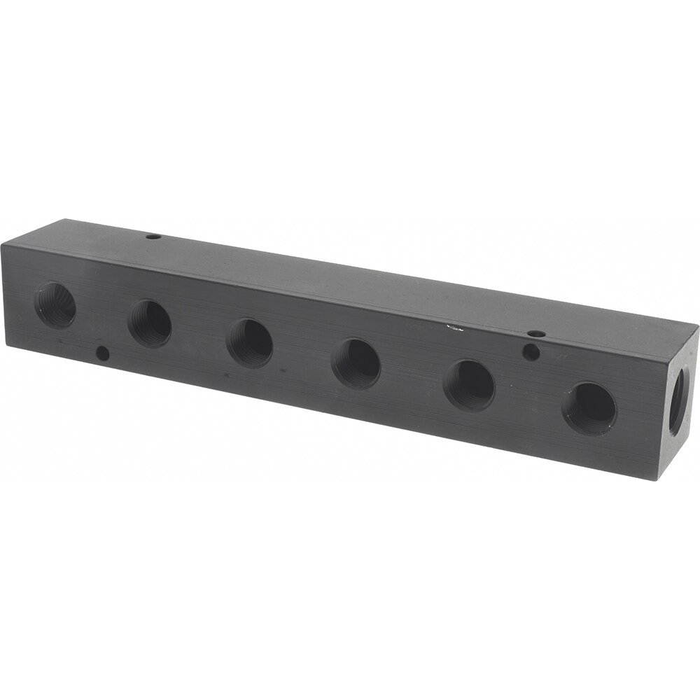 Manifold: 1/2" Inlet, 3/8" Outlet, 2 Inlet Ports, 6 Outlet Ports, 9.25" OAL, 1.5" OAW, 1-1/2" OAH