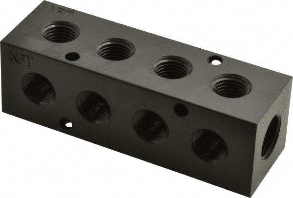 Made in USA PCM20-250R-04B Manifold: 3/8" Inlet, 1/4" Outlet, 2 Inlet Ports, 4 Outlet Ports, 4.12" OAL, 1.25" OAW, 1-1/4" OAH Image