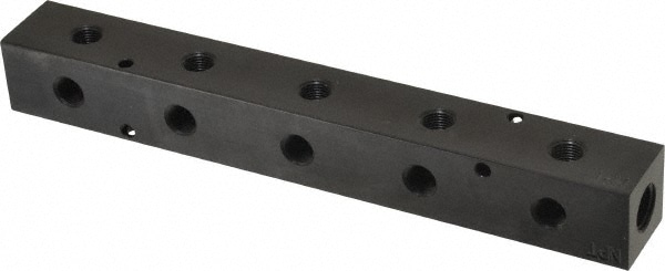 Made in USA PCM10-125R-05BW Manifold: 1/4" Inlet, 1/8" Outlet, 2 Inlet Ports, 5 Outlet Ports, 7.5" OAL, 1" OAW, 1" OAH Image