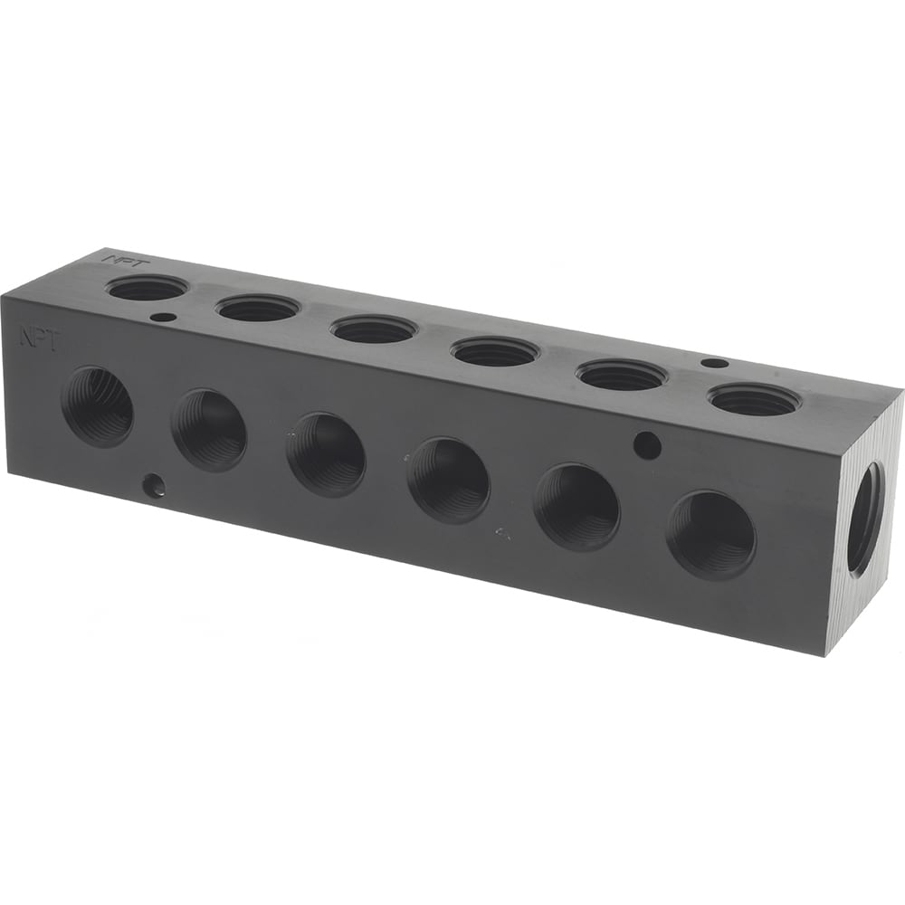 Made in USA PCM30-375R-06B Manifold: 1/2" Inlet, 3/8" Outlet, 2 Inlet Ports, 6 Outlet Ports, 6.75" OAL, 1.5" OAW, 1-1/2" OAH Image