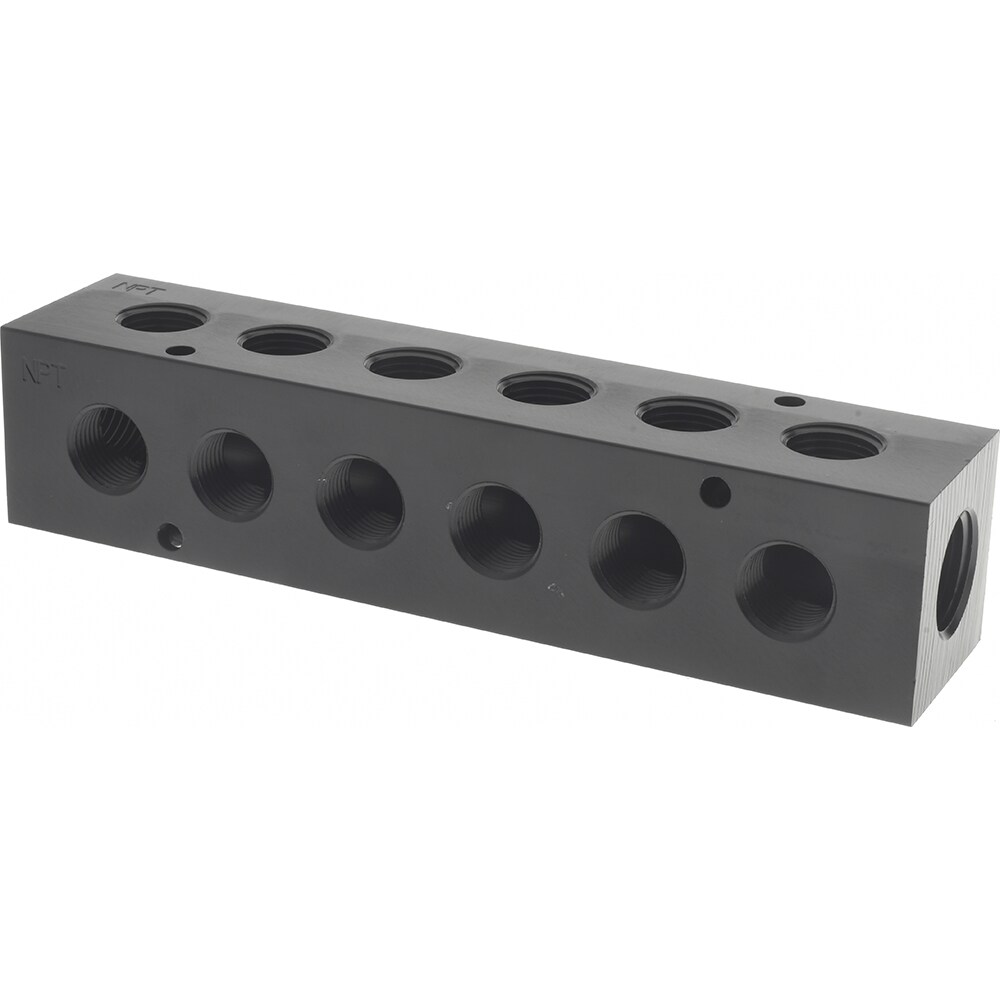 Manifold: 1/2" Inlet, 3/8" Outlet, 2 Inlet Ports, 6 Outlet Ports, 6.75" OAL, 1.5" OAW, 1-1/2" OAH