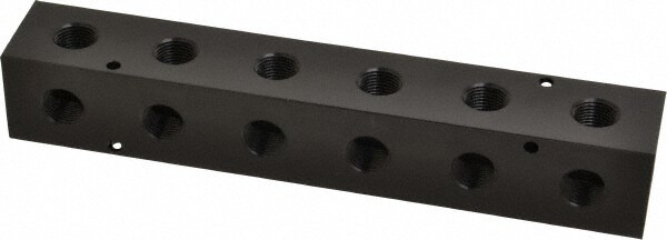 Manifold: 1/2" Inlet, 3/8" Outlet, 2 Inlet Ports, 6 Outlet Ports, 9.25" OAL, 1.5" OAW, 1-1/2" OAH