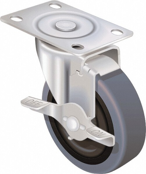 Swivel Top Plate Caster: Soft Rubber, 5" Wheel Dia, 15/16" Wheel Width, 135 lb Capacity, 5-3/4" OAH