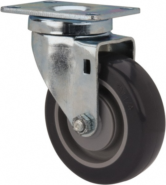 Swivel Top Plate Caster: Polyurethane, 4" Wheel Dia, 1-1/4" Wheel Width, 200 lb Capacity, 5-1/4" OAH