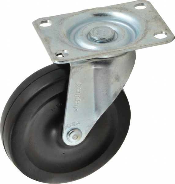 Swivel Top Plate Caster: Soft Rubber, 4" Wheel Dia, 15/16" Wheel Width, 125 lb Capacity, 4-3/4" OAH