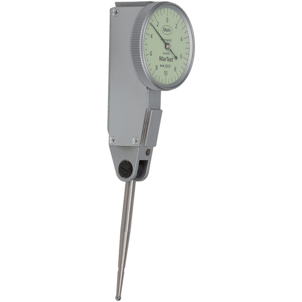 Horizontal Dial Test Indicator: 0.0100" Max, 0-10-0 Dial Reading - 1-1/8" Dia, Green Dial, 0.000500" Graduation, 1.6236" Contact Point
