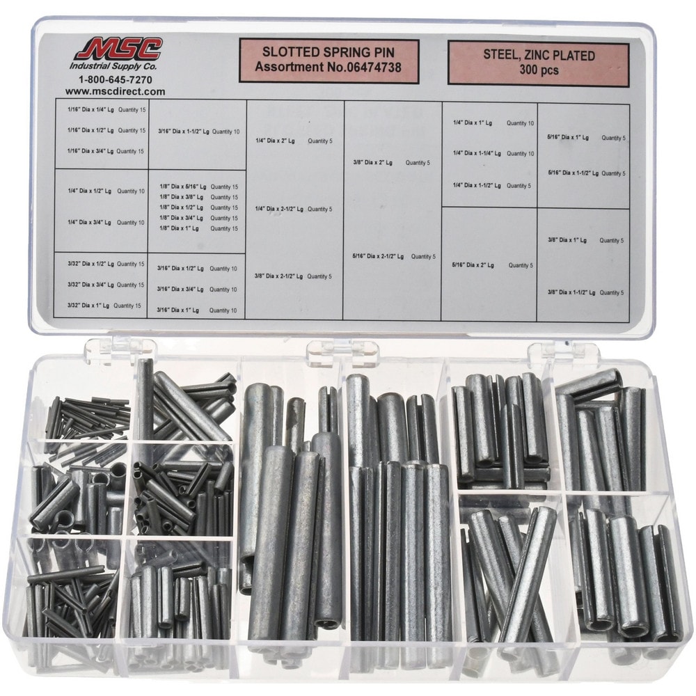 300 Piece, 1/16 to 3/8" Pin Diam, Spring Pin Assortment