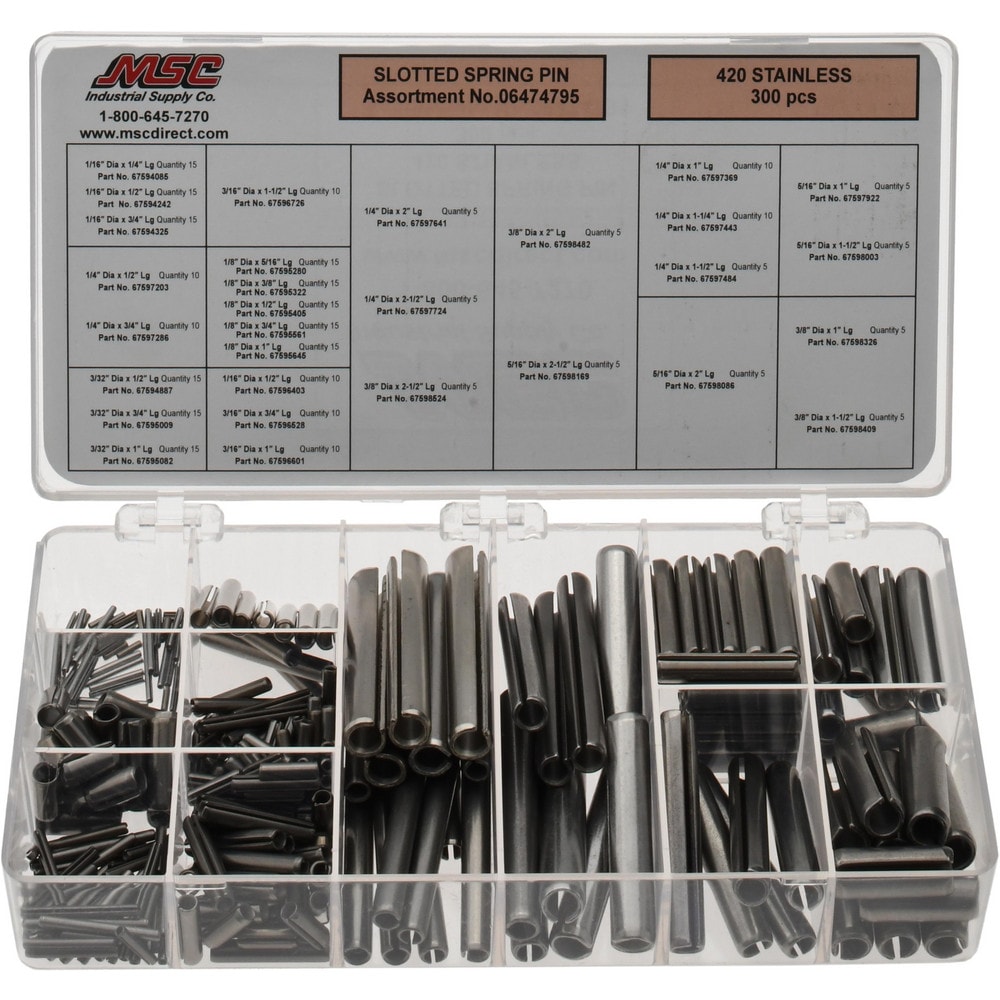 300 Piece, 1/16 to 3/8" Pin Diam, Spring Pin Assortment