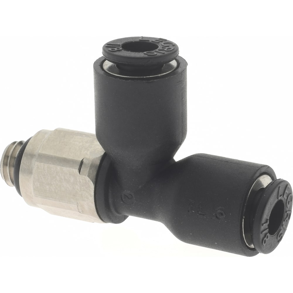 Push-To-Connect Tube Fitting: Male Run Tee, #10-32 Thread, 1/8" OD