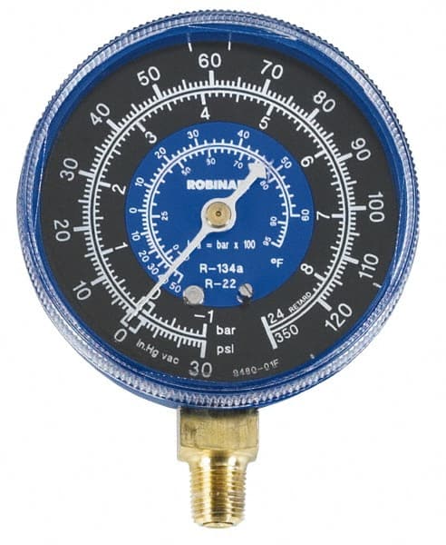 Automotive Replacement Gauges; Type: Universal Compound Replacement Gauge ; Reading: psi/kPa pressure readings, R-22 and R-134a temperature readings in degrees Fahrenheit ; Face Color: Black/Blue