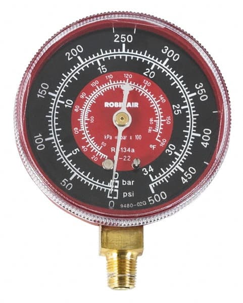 Automotive Replacement Gauges; Reading: psi/kPa pressure readings, R-22 and R-134a temperature readings in degrees Fahrenheit ; Face Color: Black/Red