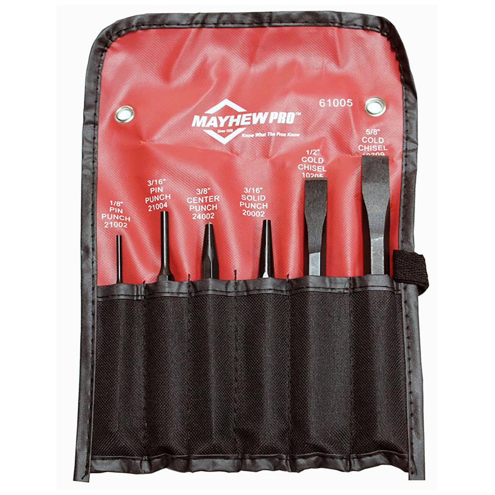 Punch & Chisel Set: 6 Pc, 1/2 - 5/8" Chisel, 3/16 - 3/8" Punch