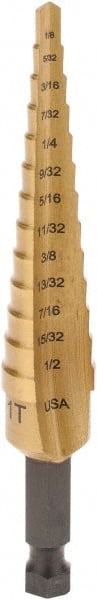 Irwin 15101ZR Step Drill Bits: 1/8" to 1/2" Hole Dia, 1/4" Shank Dia, High Speed Steel, 13 Hole Sizes 