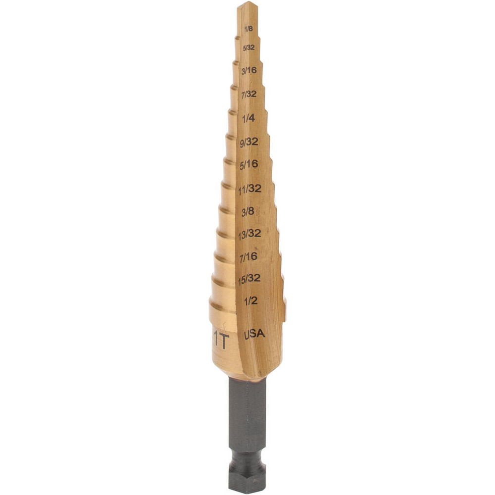Step Drill Bit: 1/8" Min, 1/2" Max, 1/4" Shank Dia, High-Speed Steel, 13 Hole Sizes