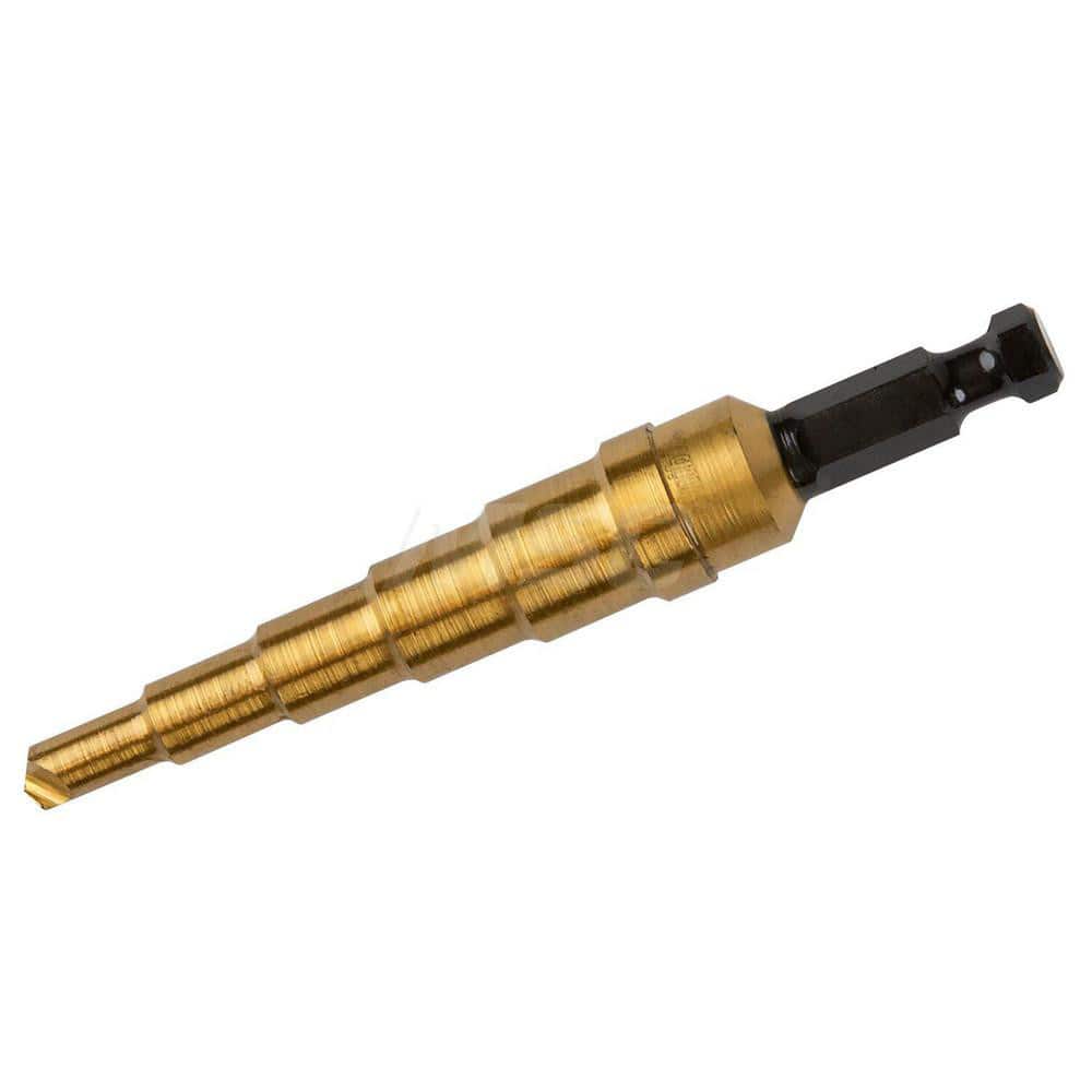 Step Drill Bits: 3/16" to 1/2" Hole Dia, 1/4" Shank Dia, High Speed Steel, 6 Hole Sizes