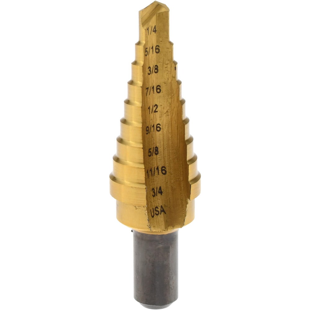 Step Drill Bit: 1/4 to 3/4" Dia, 3/8" Shank Dia, High Speed Steel, 9 Hole Sizes