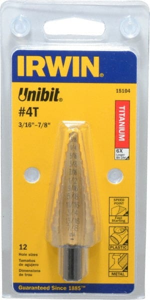 Irwin 15104 Step Drill Bits: 3/16" to 7/8" Hole Dia, 3/8" Shank Dia, High Speed Steel, 12 Hole Sizes 