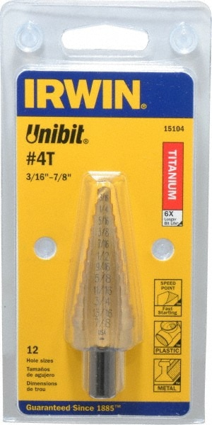 Irwin 15104 Step Drill Bits: 3/16" to 7/8" Hole Dia, 3/8" Shank Dia, High Speed Steel, 12 Hole Sizes Image