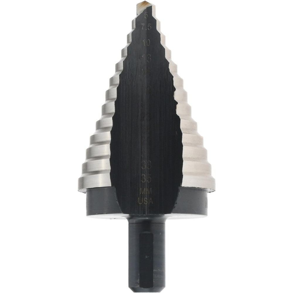 Step Drill Bit: 5 to 35 mm Dia, 7/16" Shank Dia, Cobalt, 13 Hole Sizes