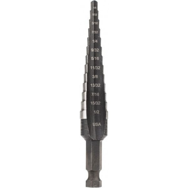 Irwin 10231 Step Drill Bits: 1/8" to 1/2" Hole Dia, 1/4" Shank Dia, High Speed Steel, 13 Hole Sizes 