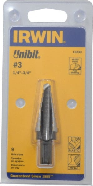 Irwin 10233 Step Drill Bits: 1/4" to 3/4" Hole Dia, 3/8" Shank Dia, High Speed Steel, 9 Hole Sizes 
