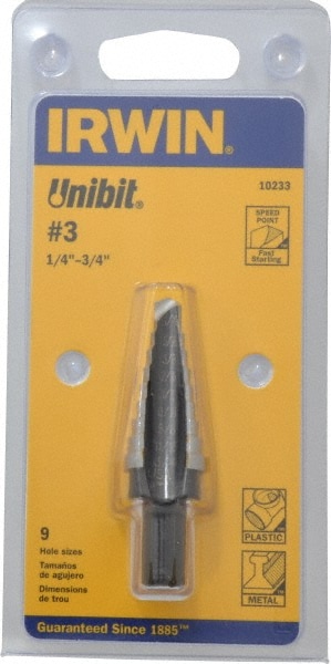 Irwin 10233 Step Drill Bits: 1/4" to 3/4" Hole Dia, 3/8" Shank Dia, High Speed Steel, 9 Hole Sizes Image