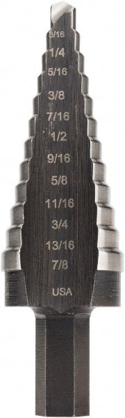 Step Drill Bit: 3/16 to 7/8" Dia, 3/8" Shank Dia, High Speed Steel, 12 Hole Sizes