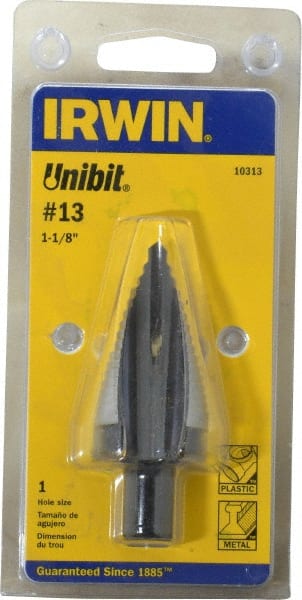 Irwin 10313ZR Step Drill Bits: 1-1/8" to 1-1/8" Hole Dia, 7/16" Shank Dia, High Speed Steel, 1 Hole Sizes 