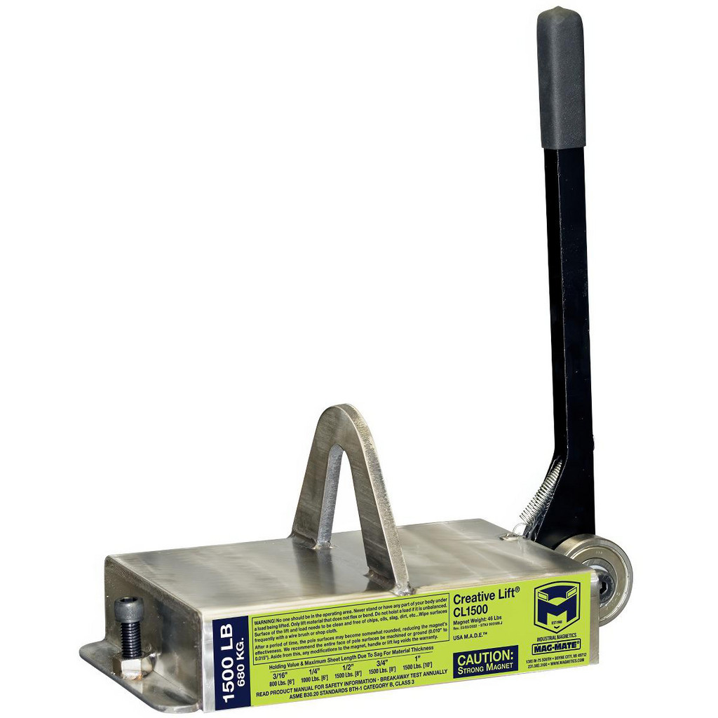 Mag-Mate | Tuffy™ Lifting Magnet: 1500 lb Limit, Pry-Off Handle w/ Nonmarring Roller - 12 Pole, Permanent | Part #CL1500