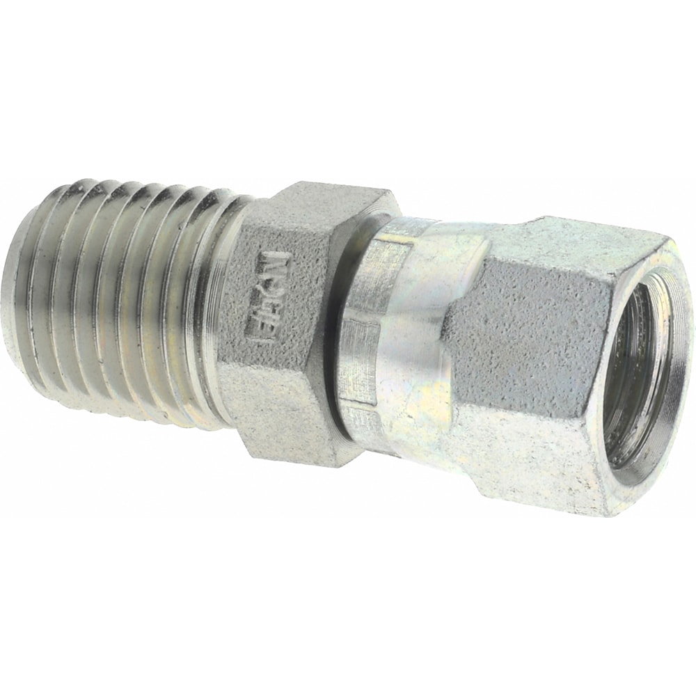 Steel Flared Tube Female JIC 37 ° & Swivel to Male Pipe Adapter: 1/4" Tube OD, 1/4 Thread, 37 ° Flared Angle