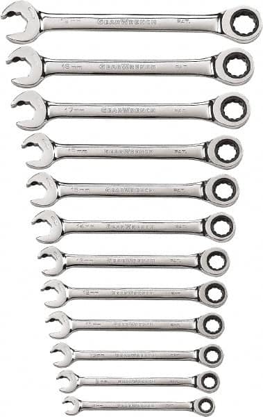 Ratcheting Combination Wrench Set: 12 Pc, 10 mm 11 mm 12 mm 13 mm 14 mm 15 mm 16 mm 17 mm 18 mm 19 mm 8 mm & 9 mm Wrench, Metric