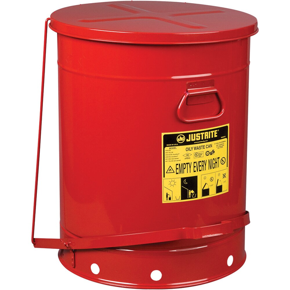 Oily Waste Cans & Receptacles; Capacity (Gal.): 21.000 ; Opening Style: Foot Operated ; Color: Red ; Material: Steel ; Height (Inch): 23.5 ; Height (Decimal Inch): 24.000000