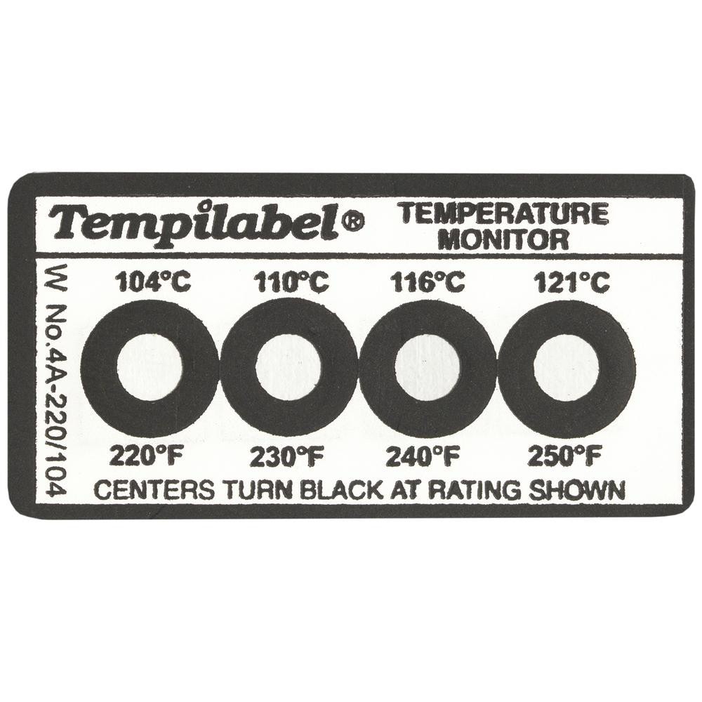 Temperature Indicating Labels; Accuracy: 1% ; Temperature Label (C): 49/54/60/66 ; Application: Metal, Plastic, Glass, Rubber, Wood, Ceramic, Concrete, Stone ; UNSPSC Code: 55121600