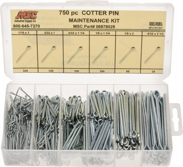 750 Piece, 1/16 to 5/32" Pin Diam, Cotter Pin Assortment