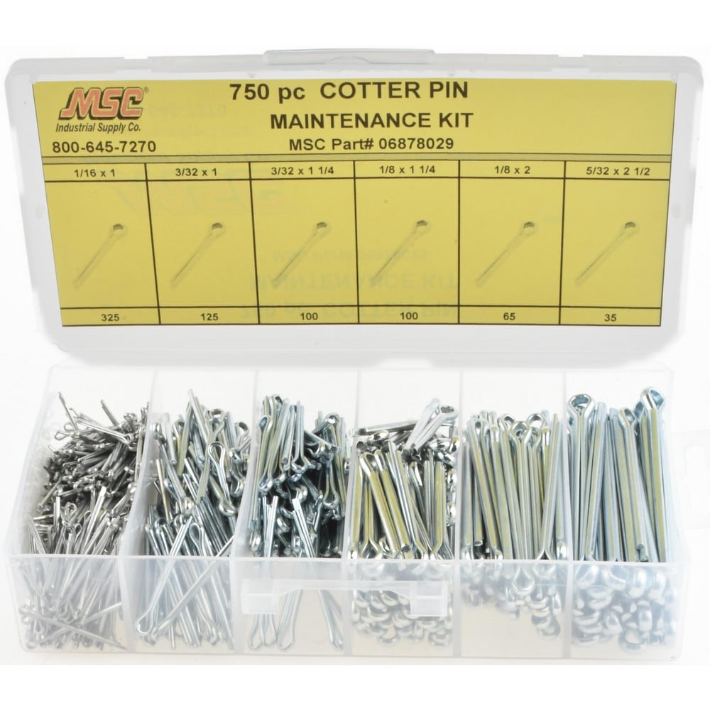 750 Piece, 1/16 to 5/32" Pin Diam, Cotter Pin Assortment