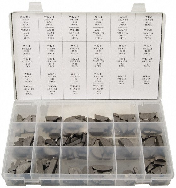 Key & Keyway Assortments; Type: Woodruff Key Assortment ; Assortment Type: Woodruff Key Assortment ; Number of Pieces: 350; 350.0 ; Maximum Size: 3/8 x 1-1/2 ; Material: Alloy Steel