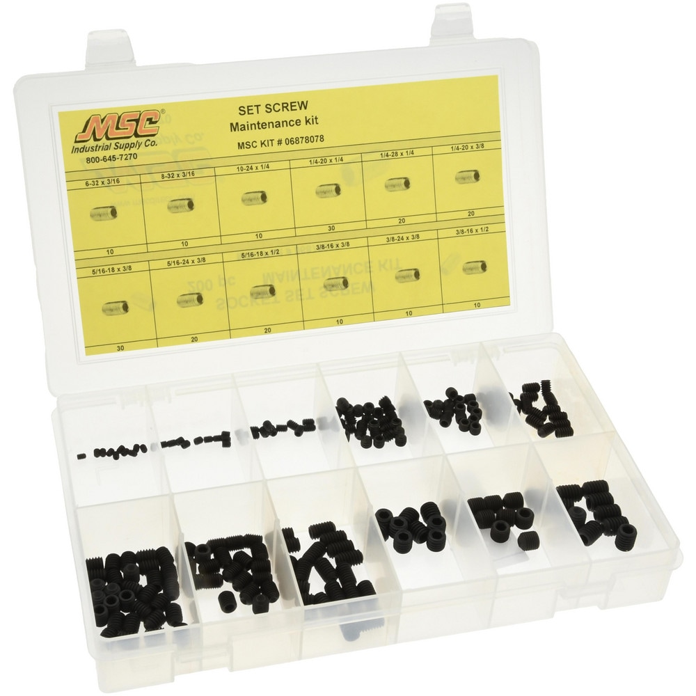 200 Piece, #6-32 to 3/8-24, Steel Set Screw Assortment