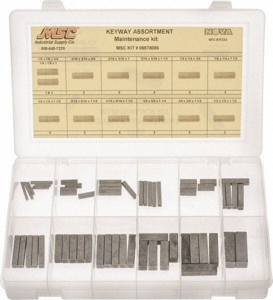 Key & Keyway Assortments; Type: Keyway Maintenance Kit ; Number of Pieces: 58 ; Minimum Length: 3/4 (Decimal Inch); Maximum Length: 1-1/2 (Decimal Inch); Maximum Size: 1/2 x 1/2