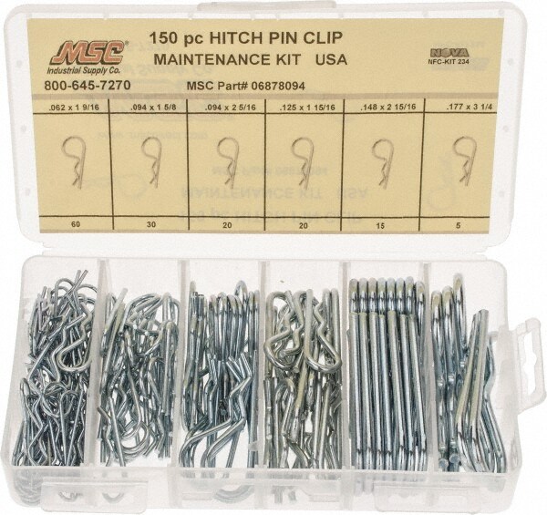 150 Piece, 1/16 to 3/16" Pin Diam, Hitch Pin Assortment