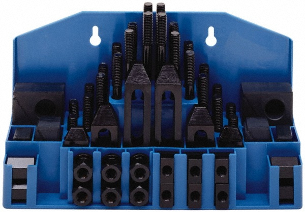 Fixture Clamp Step Block & Clamp Set: 52 Pc, 5/8-11 Stud Thread, 11/16" T-Slot, 1" Step Block Width - 1-1/8" Nut Width, 3, 4, 5, 6, 7 & 8" Stud Length
