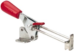 Pull-Action Latch Clamp: Vertical, 500 lb, U-Hook, Flanged Base - 1.53" Drawing Movement, 3.49" OAL, Straight Handle, Carbon Steel