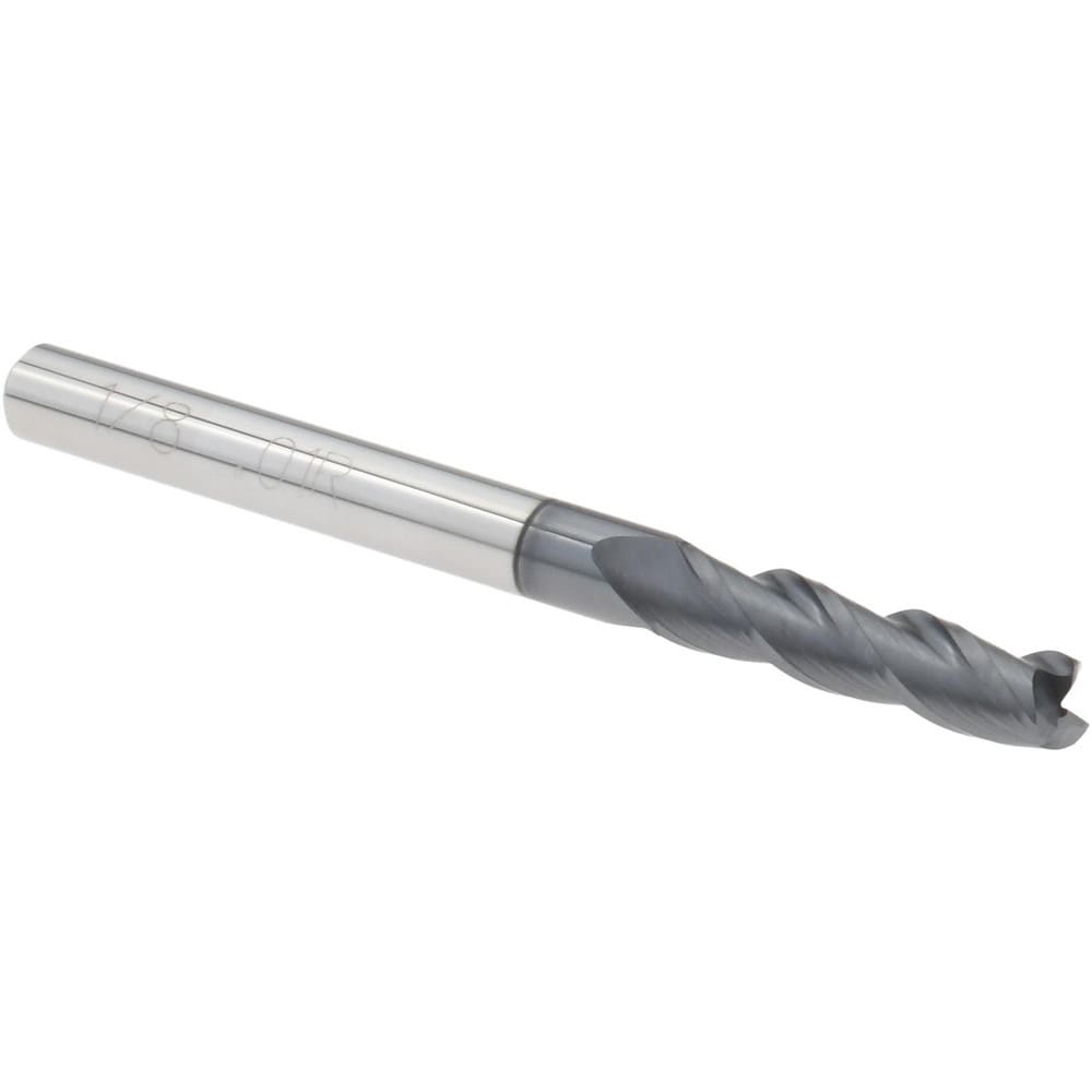 Corner Radius End Mill: 1/8" Dia, 1/2" LOC, 0.0100" Radius, 3 Flute, Solid Carbide