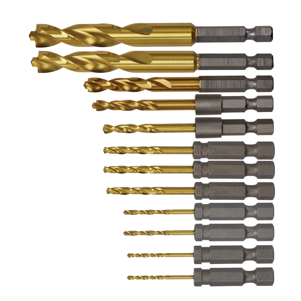DeWALT Drill Bit Set: Twist Drill Bits, 12 Pc, 135 deg, High-Speed Steel - Titanium Nitride, Pilot Point, 1/4 in Hex Shank, Series EWALT IMPACT